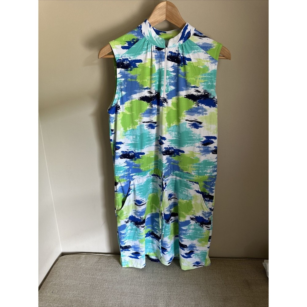 NEW IBKUL‎ TENNIS GOLF SLEEVELESS ZIP MOCK DRESS,  JADE MULTI M NWT